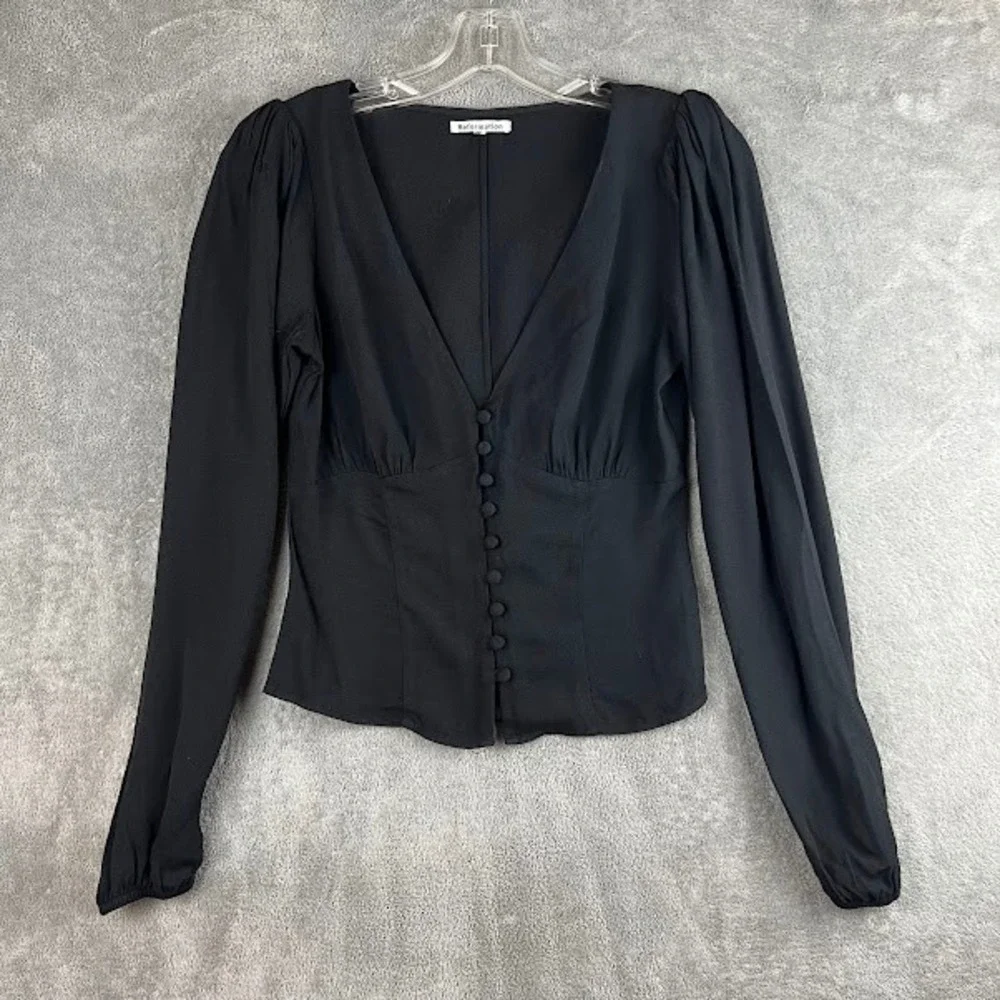 Reformation Nell Top Womens XS Black Puff Sleeve Romantic Clean Girl Cottagecore
